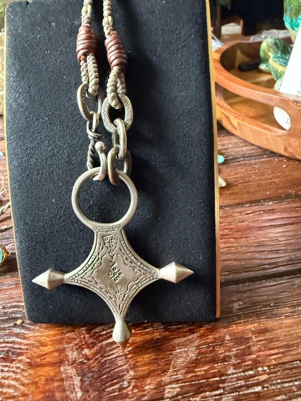 Handcrafted Silver-Tone Cross Pendant Necklace in Brown